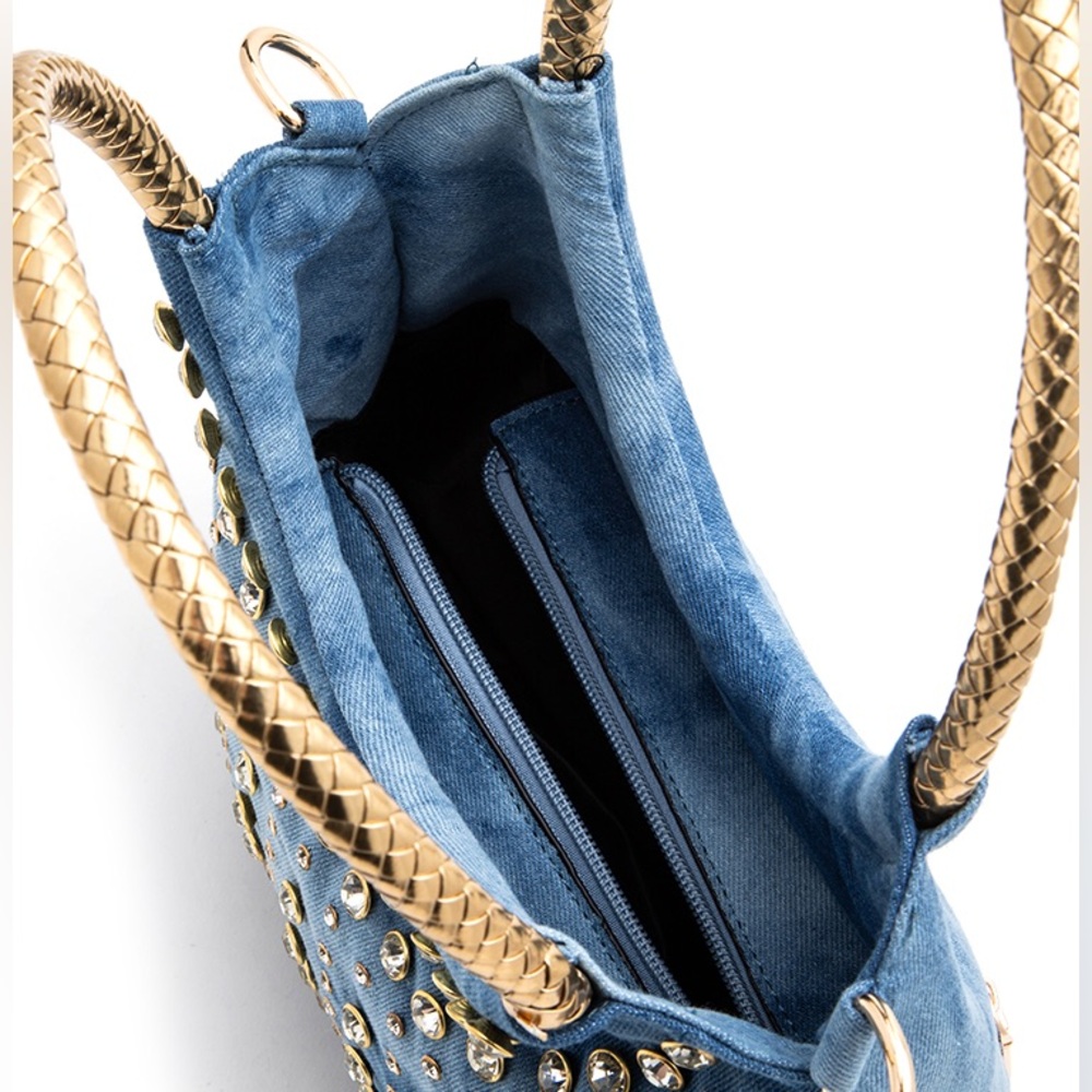 Gold & Denim Blue Studded Top Handle Handbag - Picture 4 of 6